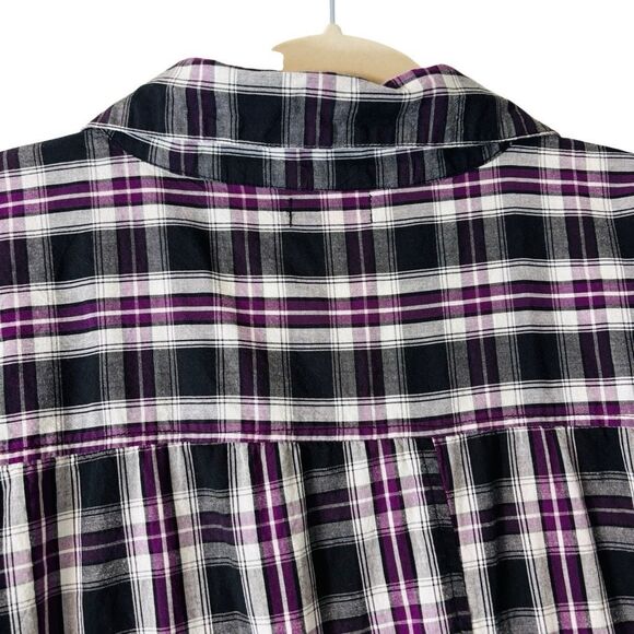 Tulip plaid cotton asymmetrical flounce back black purple white button up tunic - Picture 4 of 11